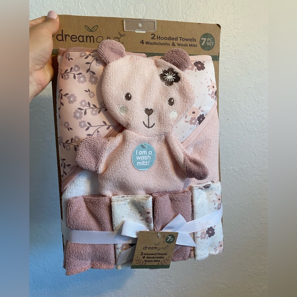 Pink Bear Hooded Towels & Wash Mitt Set